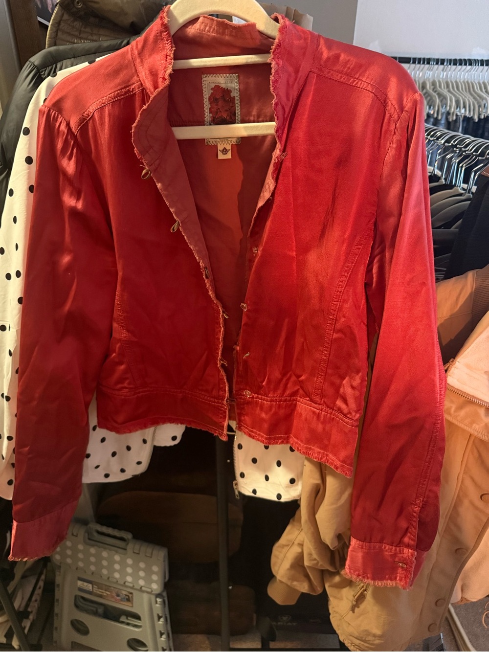 Burning Torch Red Open-Front Distressed Jean Jacket